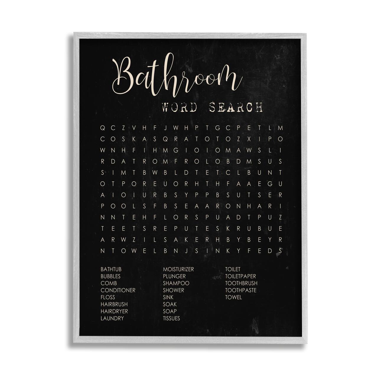 Stupell Industries Bathroom Word Search Activity over Distressed Black Framed Wall Art